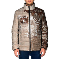 Tonga Ngatu Motifs Padded Jacket With Coat Of Arms Beige LT05 Men Beige - Polynesian Pride