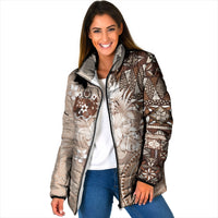 Tonga Ngatu Motifs Padded Jacket With Coat Of Arms Beige LT05 Women Beige - Polynesian Pride