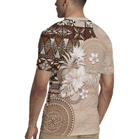 Tonga Ngatu Motifs Rugby Jersey With Coat Of Arms Beige LT05 - Polynesian Pride