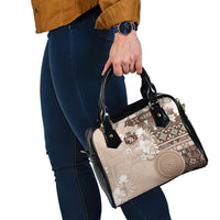 Tonga Ngatu Motifs Shoulder Handbag With Coat Of Arms Beige LT05 - Polynesian Pride