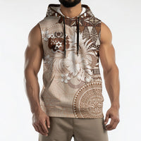 Tonga Ngatu Motifs Sleeveless Hoodie With Coat Of Arms Beige LT05 - Polynesian Pride