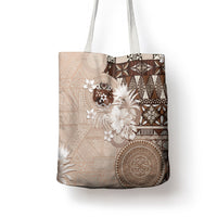 Tonga Ngatu Motifs Tote Bag With Coat Of Arms Beige LT05 - Polynesian Pride
