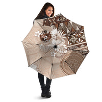 Tonga Ngatu Motifs Umbrella With Coat Of Arms Beige LT05 - Polynesian Pride
