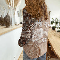 Tonga Ngatu Motifs Women Casual Shirt With Coat Of Arms Beige