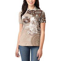 Tonga Ngatu Motifs Women Polo Shirt With Coat Of Arms Beige LT05 - Polynesian Pride