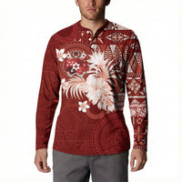 Tonga Ngatu Motifs Button Sweatshirt With Coat Of Arms Red LT05 - Polynesian Pride