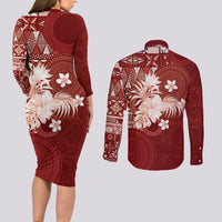 Tonga Ngatu Motifs Couples Matching Long Sleeve Bodycon Dress and Long Sleeve Button Shirt With Coat Of Arms Red