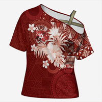 Tonga Ngatu Motifs Cross Shoulder Shirt With Coat Of Arms Red LT05 Female Red - Polynesian Pride