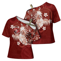 Tonga Ngatu Motifs Cross Shoulder Shirt With Coat Of Arms Red LT05 - Polynesian Pride