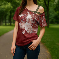 Tonga Ngatu Motifs Cross Shoulder Shirt With Coat Of Arms Red LT05 - Polynesian Pride