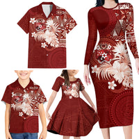 Tonga Ngatu Motifs Family Matching Long Sleeve Bodycon Dress and Hawaiian Shirt With Coat Of Arms Red