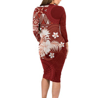 Tonga Ngatu Motifs Family Matching Long Sleeve Bodycon Dress and Hawaiian Shirt With Coat Of Arms Red