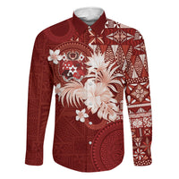 Tonga Ngatu Motifs Family Matching Short Sleeve Bodycon Dress and Hawaiian Shirt With Coat Of Arms Red