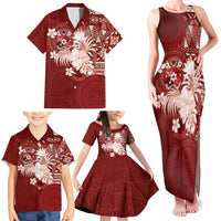 Tonga Ngatu Motifs Family Matching Tank Maxi Dress and Hawaiian Shirt With Coat Of Arms Red
