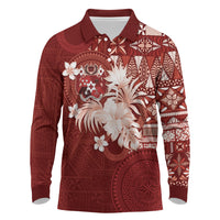 Tonga Ngatu Motifs Long Sleeve Polo Shirt With Coat Of Arms Red LT05 Red - Polynesian Pride
