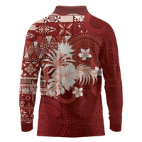 Tonga Ngatu Motifs Long Sleeve Polo Shirt With Coat Of Arms Red LT05 - Polynesian Pride