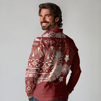 Tonga Ngatu Motifs Long Sleeve Polo Shirt With Coat Of Arms Red LT05 - Polynesian Pride