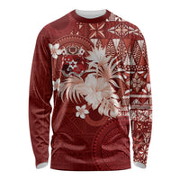 Tonga Ngatu Motifs Long Sleeve Shirt With Coat Of Arms Red LT05 Unisex Red - Polynesian Pride