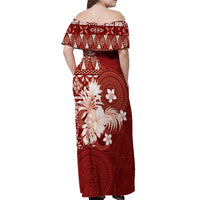 Tonga Ngatu Motifs Off Shoulder Maxi Dress With Coat Of Arms Red LT05 - Polynesian Pride