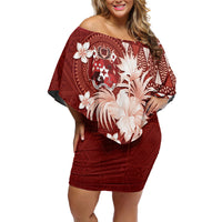 Tonga Ngatu Motifs Off Shoulder Short Dress With Coat Of Arms Red LT05 Women Red - Polynesian Pride