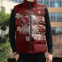 Tonga Ngatu Motifs Sleeveless Puffer Jacket With Coat Of Arms Red LT05 - Polynesian Pride