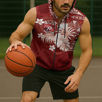 Tonga Ngatu Motifs Sleeveless Zip Hoodie With Coat Of Arms Red LT05 - Polynesian Pride