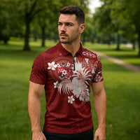 Tonga Ngatu Motifs Zipper Polo Shirt With Coat Of Arms Red LT05 - Polynesian Pride