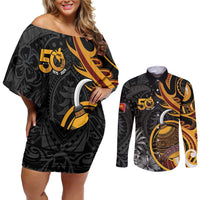 Personalised Papua New Guinea Couples Matching Off Shoulder Short Dress and Long Sleeve Button Shirt Happy 50th Independence Anniversary LT05 Black - Polynesian Pride