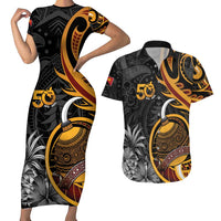 Personalised Papua New Guinea Couples Matching Short Sleeve Bodycon Dress and Hawaiian Shirt Happy 50th Independence Anniversary LT05 Black - Polynesian Pride