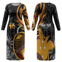 Personalised Papua New Guinea Family Matching Long Sleeve Bodycon Dress and Hawaiian Shirt Happy Independence Day LT05 Mom's Dress Black - Polynesian Pride