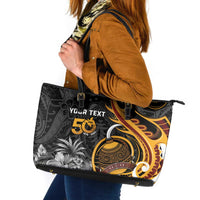 Personalised Papua New Guinea Leather Tote Bag Happy Independence Day LT05 Black - Polynesian Pride