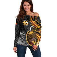 Personalised Papua New Guinea Off Shoulder Sweater Happy Independence Day LT05 Women Black - Polynesian Pride