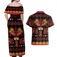 Papua Batik Motif Couples Matching Off Shoulder Maxi Dress and Hawaiian Shirt Papua Spirit Black Version - Polynesian Pride
