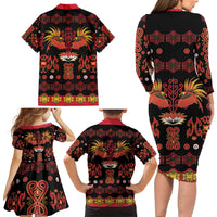 Papua Batik Motif Family Matching Long Sleeve Bodycon Dress and Hawaiian Shirt Papua Spirit Black Version - Polynesian Pride