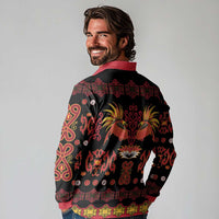 Papua Batik Motif Long Sleeve Polo Shirt Papua Spirit Black Version - Polynesian Pride