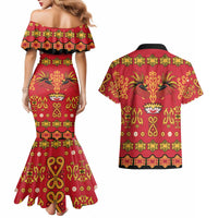 Papua Batik Motif Couples Matching Mermaid Dress and Hawaiian Shirt Papua Spirit Red Version - Polynesian Pride