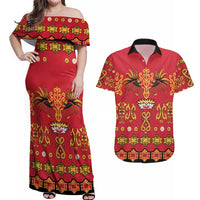 Papua Batik Motif Couples Matching Off Shoulder Maxi Dress and Hawaiian Shirt Papua Spirit Red Version - Polynesian Pride
