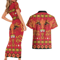 Papua Batik Motif Couples Matching Short Sleeve Bodycon Dress and Hawaiian Shirt Papua Spirit Red Version - Polynesian Pride