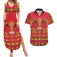 Papua Batik Motif Couples Matching Summer Maxi Dress and Hawaiian Shirt Papua Spirit Red Version - Polynesian Pride