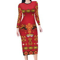Papua Batik Motif Family Matching Long Sleeve Bodycon Dress and Hawaiian Shirt Papua Spirit Red Version - Polynesian Pride