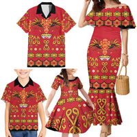 Papua Batik Motif Family Matching Mermaid Dress and Hawaiian Shirt Papua Spirit Red Version - Polynesian Pride