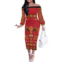 Papua Batik Motif Family Matching Off The Shoulder Long Sleeve Dress and Hawaiian Shirt Papua Spirit Red Version - Polynesian Pride