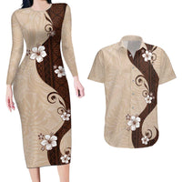 Polynesia Hibiscus Couples Matching Long Sleeve Bodycon Dress and Hawaiian Shirt Cameo Curve Motif - Polynesian Pride