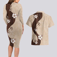 Polynesia Hibiscus Couples Matching Long Sleeve Bodycon Dress and Hawaiian Shirt Cameo Curve Motif - Polynesian Pride