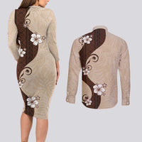 Polynesia Hibiscus Couples Matching Long Sleeve Bodycon Dress and Long Sleeve Button Shirt Cameo Curve Motif LT05 - Polynesian Pride