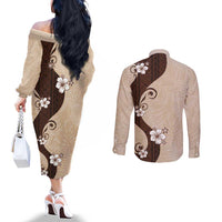 Polynesia Hibiscus Couples Matching Off The Shoulder Long Sleeve Dress and Long Sleeve Button Shirt Cameo Curve Motif LT05 - Polynesian Pride