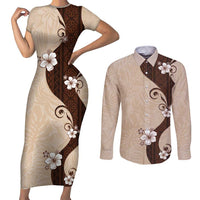 Polynesia Hibiscus Couples Matching Short Sleeve Bodycon Dress and Long Sleeve Button Shirt Cameo Curve Motif - Polynesian Pride