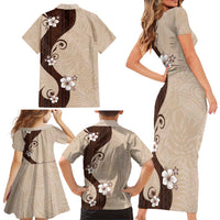 Polynesia Hibiscus Family Matching Short Sleeve Bodycon Dress and Hawaiian Shirt Cameo Curve Motif - Polynesian Pride