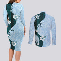 Polynesia Hibiscus Couples Matching Long Sleeve Bodycon Dress and Long Sleeve Button Shirt Sky Blue Curve Motif LT05 - Polynesian Pride