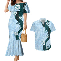 Polynesia Hibiscus Couples Matching Mermaid Dress and Hawaiian Shirt Sky Blue Curve Motif LT05 Blue - Polynesian Pride